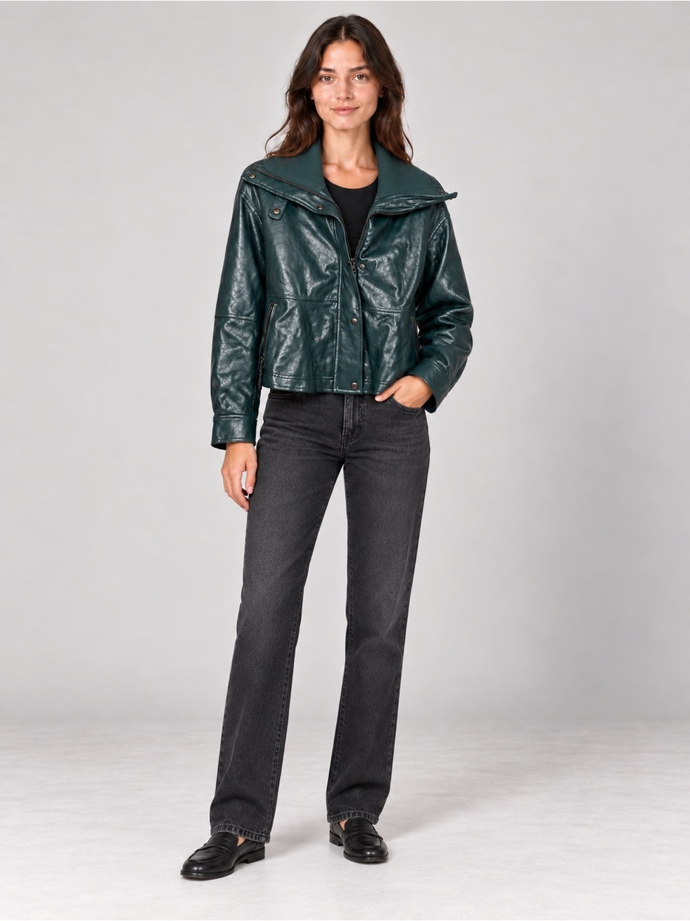 Pilcro Anthropologie Green Faux Leather Swing Jacket Women’s Medium